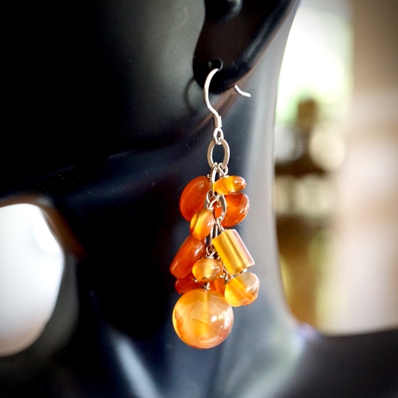 Carnelian Cluster Sterling Silver Drop Earrings - Picture 4 of 7